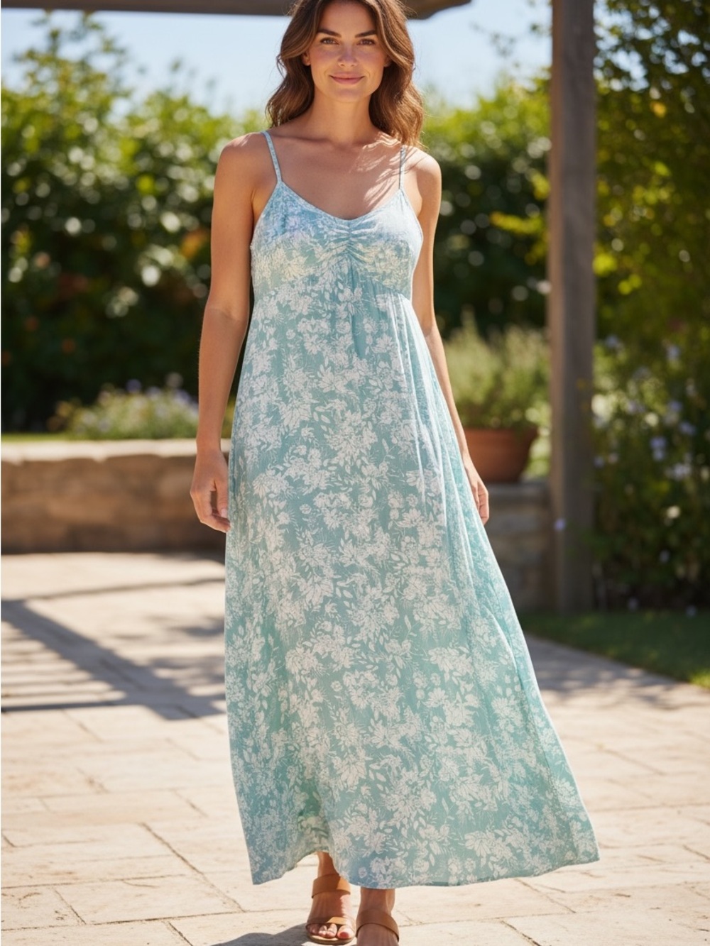 Roxy Light Aqua and White Floral Maxi Dress